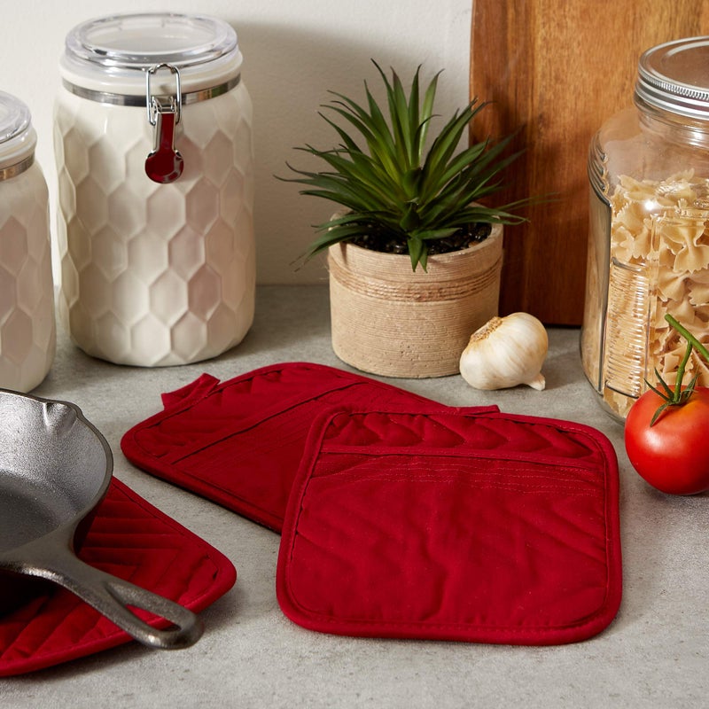 DII Heat Resistant Quilted Cotton Pot Holder Set, Designed with Space to Personalize Allowing a Customized Design, 7x9, Red, 3 Count - Image 4